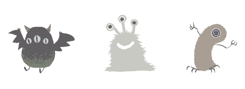 形の違うモンスター3匹が横一列に並んでいるイラスト